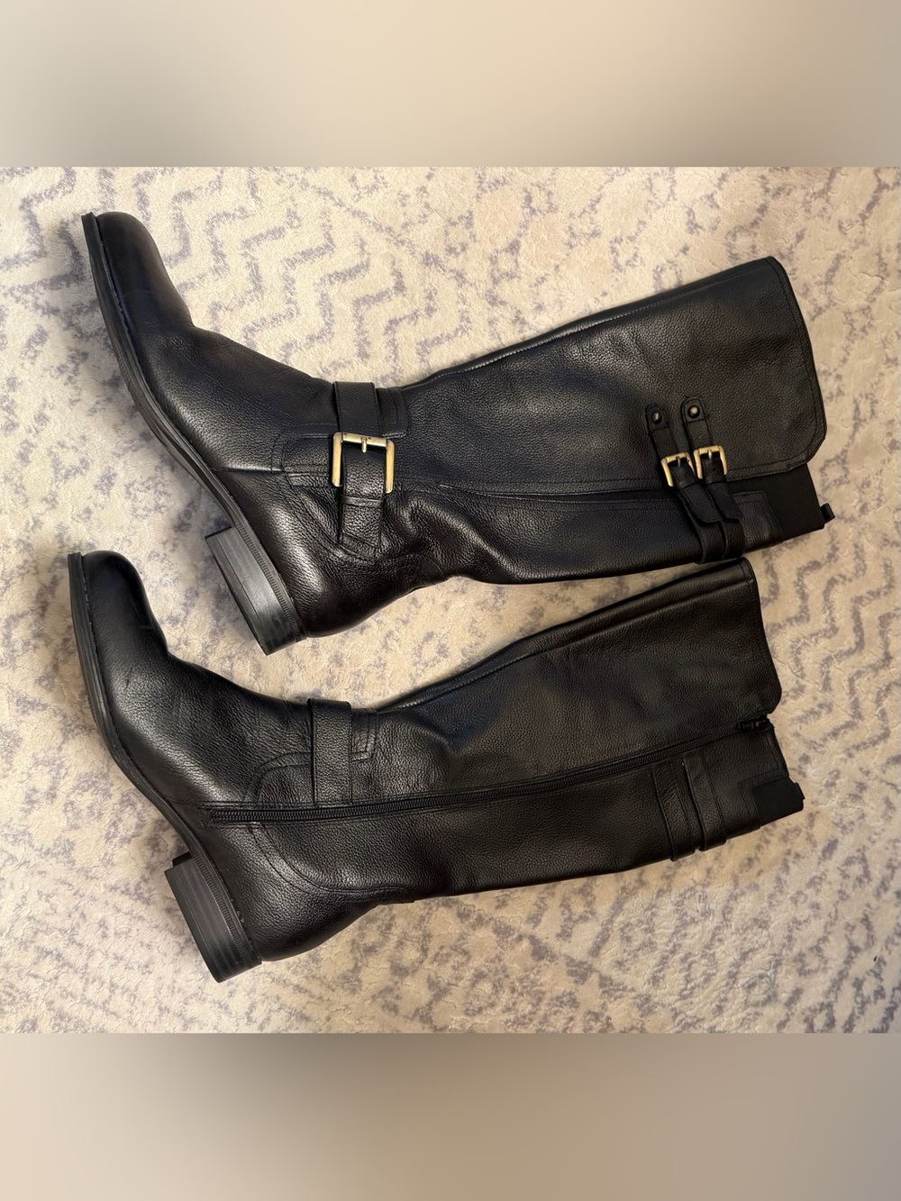 Naturalizer Black Leather Knee-High Riding Boots with Gold Buckles
